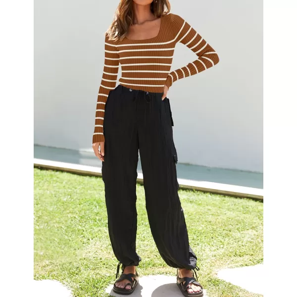 imageZESICA Womens Square Neck Striped Tops Long Sleeve Ribbed T Shirts 2024 Fall Fashion Casual Basic Knit SweatersBrown