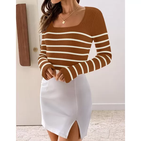 imageZESICA Womens Square Neck Striped Tops Long Sleeve Ribbed T Shirts 2024 Fall Fashion Casual Basic Knit SweatersBrown