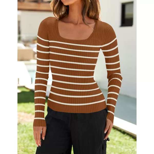 imageZESICA Womens Square Neck Striped Tops Long Sleeve Ribbed T Shirts 2024 Fall Fashion Casual Basic Knit SweatersBrown