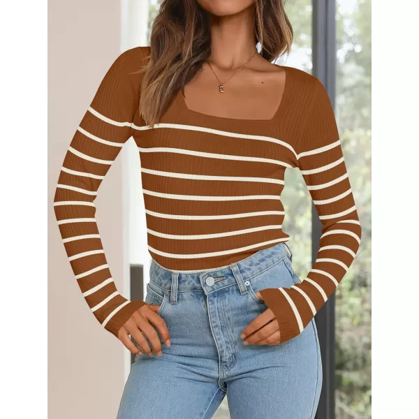 imageZESICA Womens Square Neck Striped Tops Long Sleeve Ribbed T Shirts 2024 Fall Fashion Casual Basic Knit SweatersBrown