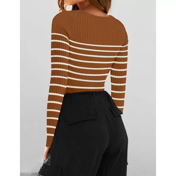 imageZESICA Womens Square Neck Striped Tops Long Sleeve Ribbed T Shirts 2024 Fall Fashion Casual Basic Knit SweatersBrown