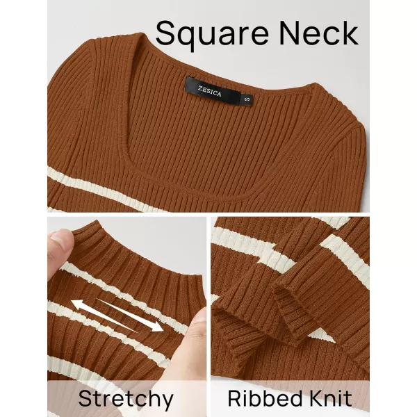 imageZESICA Womens Square Neck Striped Tops Long Sleeve Ribbed T Shirts 2024 Fall Fashion Casual Basic Knit SweatersBrown