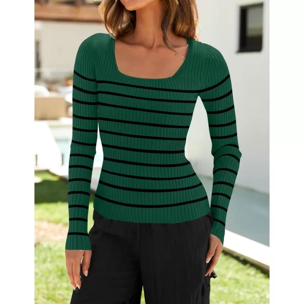 imageZESICA Womens Square Neck Striped Tops Long Sleeve Ribbed T Shirts 2024 Fall Fashion Casual Basic Knit SweatersDark Green