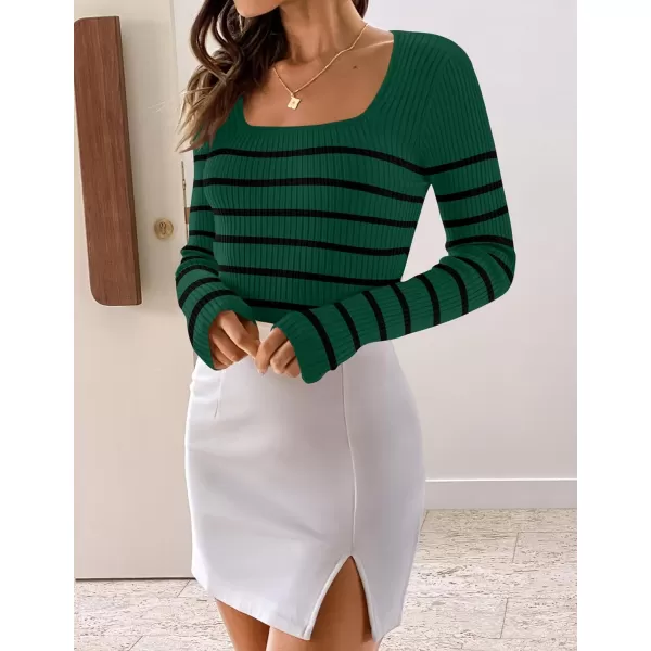 imageZESICA Womens Square Neck Striped Tops Long Sleeve Ribbed T Shirts 2024 Fall Fashion Casual Basic Knit SweatersDark Green