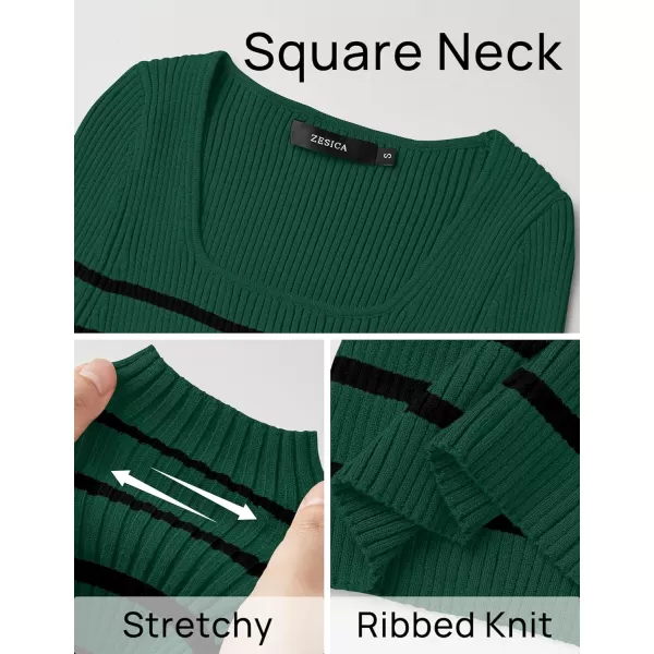 imageZESICA Womens Square Neck Striped Tops Long Sleeve Ribbed T Shirts 2024 Fall Fashion Casual Basic Knit SweatersDark Green