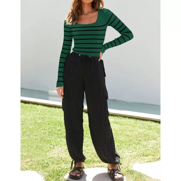 imageZESICA Womens Square Neck Striped Tops Long Sleeve Ribbed T Shirts 2024 Fall Fashion Casual Basic Knit SweatersDark Green