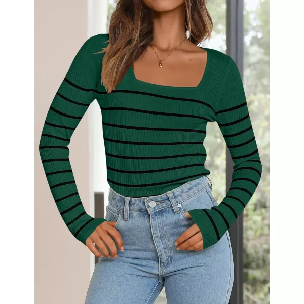 imageZESICA Womens Square Neck Striped Tops Long Sleeve Ribbed T Shirts 2024 Fall Fashion Casual Basic Knit SweatersDark Green