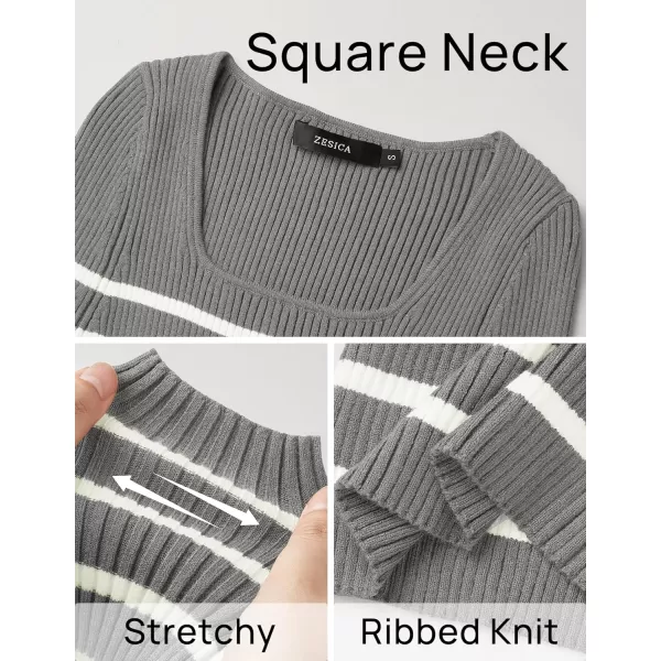 imageZESICA Womens Square Neck Striped Tops Long Sleeve Ribbed T Shirts 2024 Fall Fashion Casual Basic Knit SweatersGrey