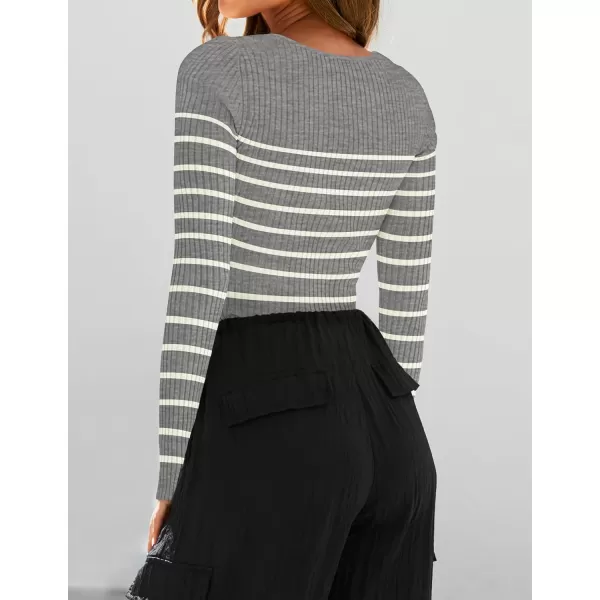 imageZESICA Womens Square Neck Striped Tops Long Sleeve Ribbed T Shirts 2024 Fall Fashion Casual Basic Knit SweatersGrey
