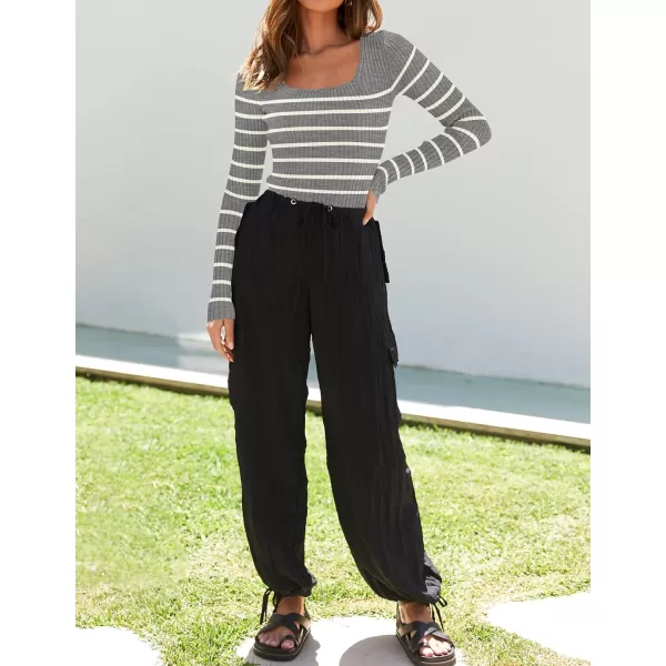 imageZESICA Womens Square Neck Striped Tops Long Sleeve Ribbed T Shirts 2024 Fall Fashion Casual Basic Knit SweatersGrey