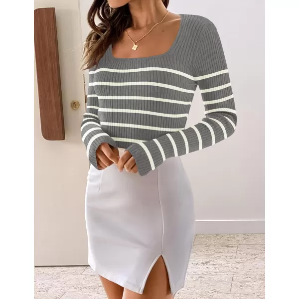 imageZESICA Womens Square Neck Striped Tops Long Sleeve Ribbed T Shirts 2024 Fall Fashion Casual Basic Knit SweatersGrey