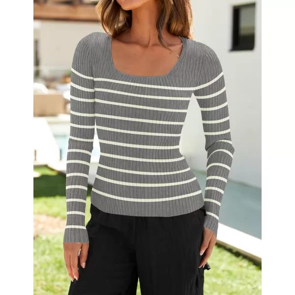 imageZESICA Womens Square Neck Striped Tops Long Sleeve Ribbed T Shirts 2024 Fall Fashion Casual Basic Knit SweatersGrey
