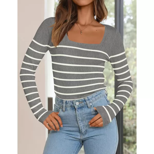imageZESICA Womens Square Neck Striped Tops Long Sleeve Ribbed T Shirts 2024 Fall Fashion Casual Basic Knit SweatersGrey
