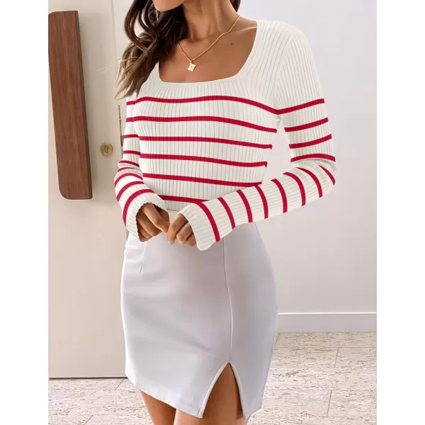 imageZESICA Womens Square Neck Striped Tops Long Sleeve Ribbed T Shirts 2024 Fall Fashion Casual Basic Knit SweatersRed