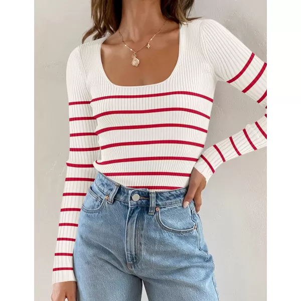 imageZESICA Womens Square Neck Striped Tops Long Sleeve Ribbed T Shirts 2024 Fall Fashion Casual Basic Knit SweatersRed