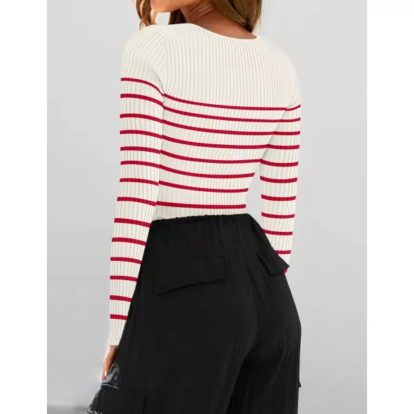imageZESICA Womens Square Neck Striped Tops Long Sleeve Ribbed T Shirts 2024 Fall Fashion Casual Basic Knit SweatersRed
