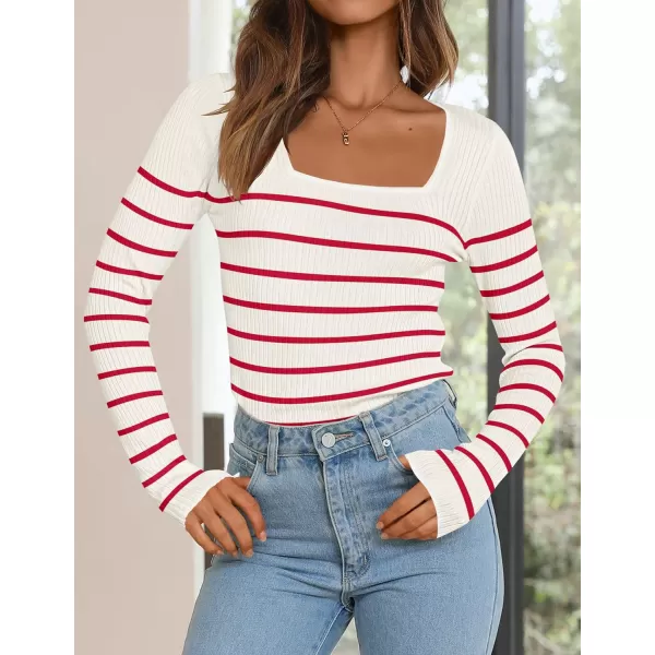 imageZESICA Womens Square Neck Striped Tops Long Sleeve Ribbed T Shirts 2024 Fall Fashion Casual Basic Knit SweatersRed