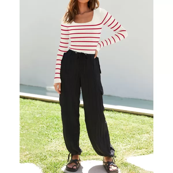 imageZESICA Womens Square Neck Striped Tops Long Sleeve Ribbed T Shirts 2024 Fall Fashion Casual Basic Knit SweatersRed