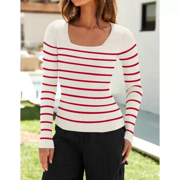 imageZESICA Womens Square Neck Striped Tops Long Sleeve Ribbed T Shirts 2024 Fall Fashion Casual Basic Knit SweatersRed
