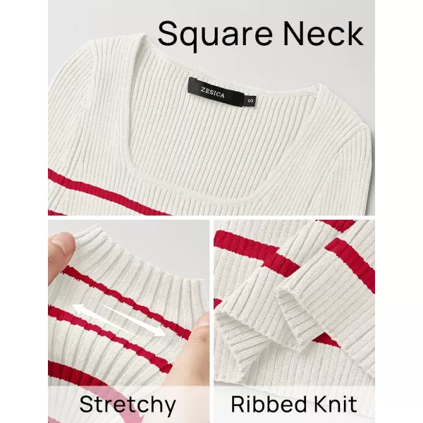 imageZESICA Womens Square Neck Striped Tops Long Sleeve Ribbed T Shirts 2024 Fall Fashion Casual Basic Knit SweatersRed