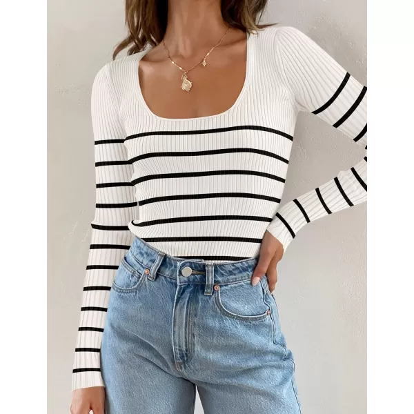 imageZESICA Womens Square Neck Striped Tops Long Sleeve Ribbed T Shirts 2024 Fall Fashion Casual Basic Knit SweatersWhite