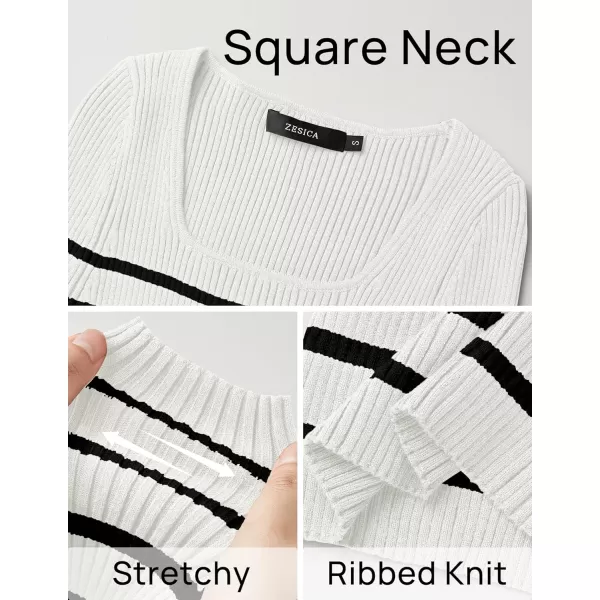imageZESICA Womens Square Neck Striped Tops Long Sleeve Ribbed T Shirts 2024 Fall Fashion Casual Basic Knit SweatersWhite