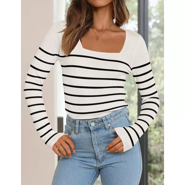 imageZESICA Womens Square Neck Striped Tops Long Sleeve Ribbed T Shirts 2024 Fall Fashion Casual Basic Knit SweatersWhite