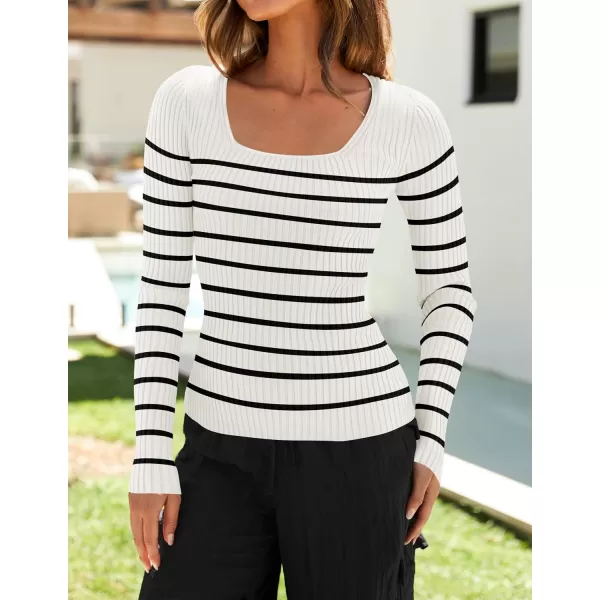 imageZESICA Womens Square Neck Striped Tops Long Sleeve Ribbed T Shirts 2024 Fall Fashion Casual Basic Knit SweatersWhite