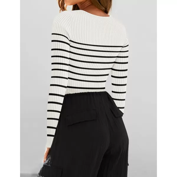 imageZESICA Womens Square Neck Striped Tops Long Sleeve Ribbed T Shirts 2024 Fall Fashion Casual Basic Knit SweatersWhite