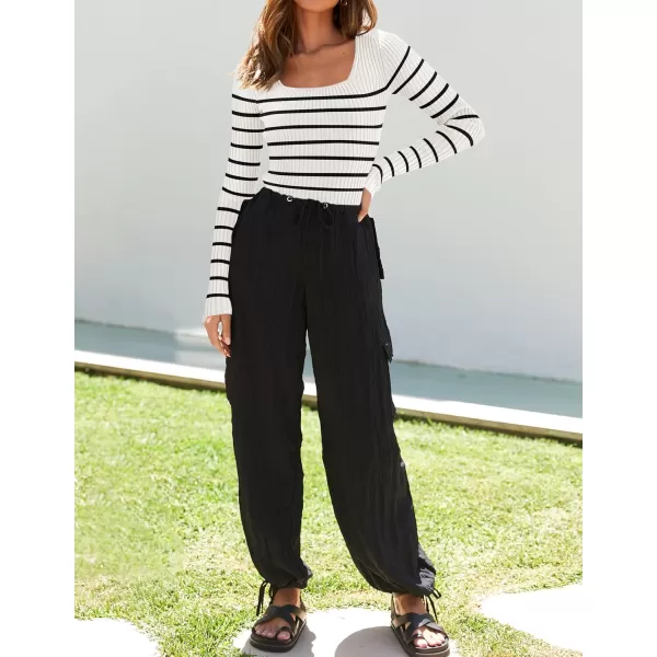 imageZESICA Womens Square Neck Striped Tops Long Sleeve Ribbed T Shirts 2024 Fall Fashion Casual Basic Knit SweatersWhite