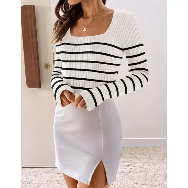 imageZESICA Womens Square Neck Striped Tops Long Sleeve Ribbed T Shirts 2024 Fall Fashion Casual Basic Knit SweatersWhite