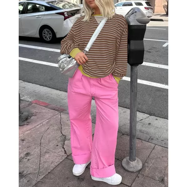 imageZESICA Womens Striped Oversized Sweatshirt Long Sleeve Crew Neck Pullover Tops Loose Casual Shirt 2024 Trendy ClothesBrown