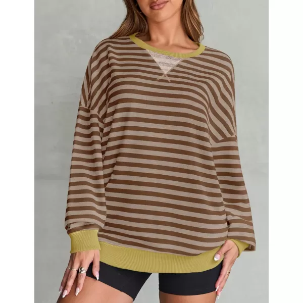 imageZESICA Womens Striped Oversized Sweatshirt Long Sleeve Crew Neck Pullover Tops Loose Casual Shirt 2024 Trendy ClothesBrown