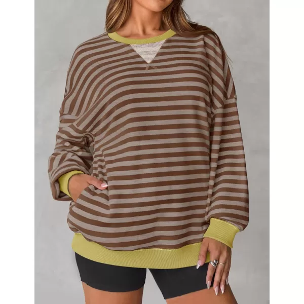 imageZESICA Womens Striped Oversized Sweatshirt Long Sleeve Crew Neck Pullover Tops Loose Casual Shirt 2024 Trendy ClothesBrown