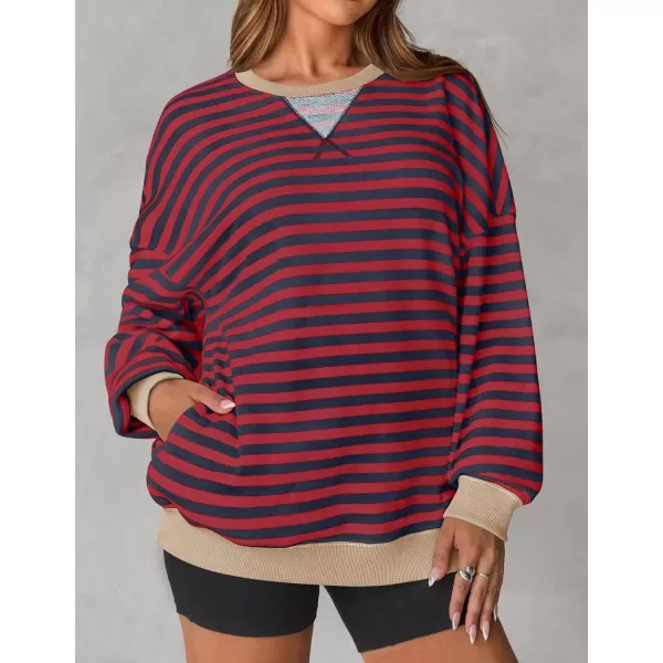 imageZESICA Womens Striped Oversized Sweatshirt Long Sleeve Crew Neck Pullover Tops Loose Casual Shirt 2024 Trendy ClothesBurgundy