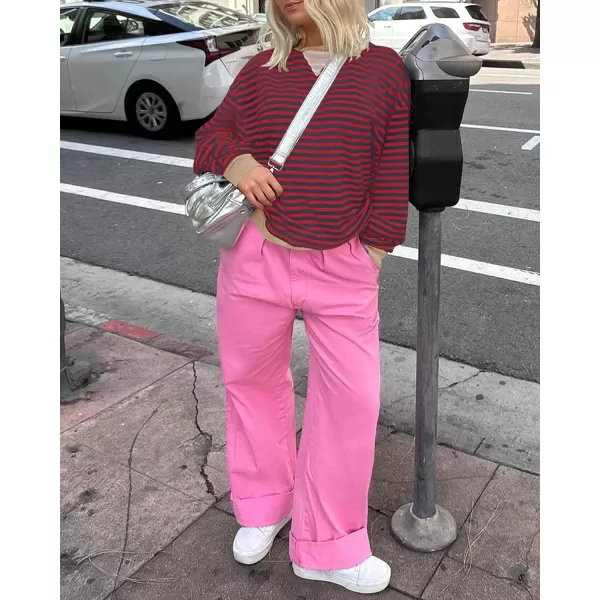 imageZESICA Womens Striped Oversized Sweatshirt Long Sleeve Crew Neck Pullover Tops Loose Casual Shirt 2024 Trendy ClothesBurgundy