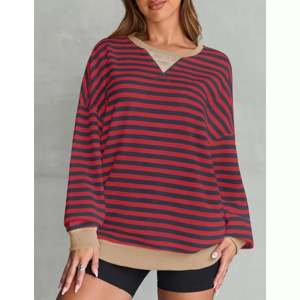 imageZESICA Womens Striped Oversized Sweatshirt Long Sleeve Crew Neck Pullover Tops Loose Casual Shirt 2024 Trendy ClothesBurgundy