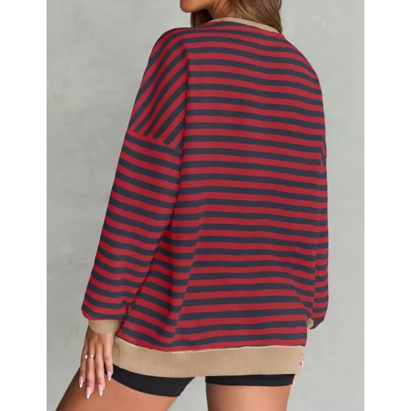 imageZESICA Womens Striped Oversized Sweatshirt Long Sleeve Crew Neck Pullover Tops Loose Casual Shirt 2024 Trendy ClothesBurgundy
