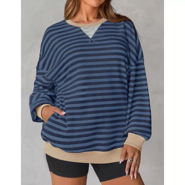 imageZESICA Womens Striped Oversized Sweatshirt Long Sleeve Crew Neck Pullover Tops Loose Casual Shirt 2024 Trendy ClothesDark Blue