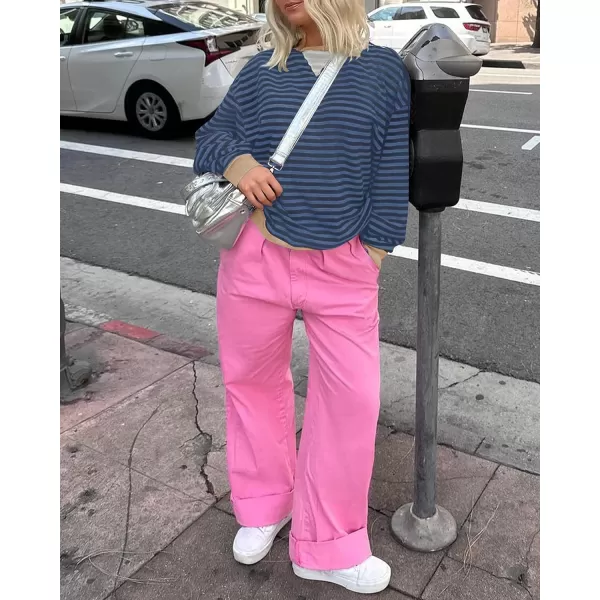 imageZESICA Womens Striped Oversized Sweatshirt Long Sleeve Crew Neck Pullover Tops Loose Casual Shirt 2024 Trendy ClothesDark Blue