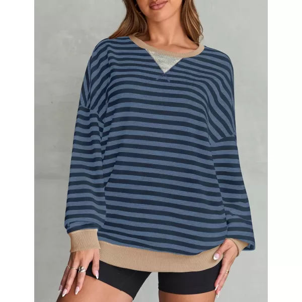 imageZESICA Womens Striped Oversized Sweatshirt Long Sleeve Crew Neck Pullover Tops Loose Casual Shirt 2024 Trendy ClothesDark Blue