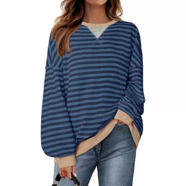 imageZESICA Womens Striped Oversized Sweatshirt Long Sleeve Crew Neck Pullover Tops Loose Casual Shirt 2024 Trendy ClothesDark Blue