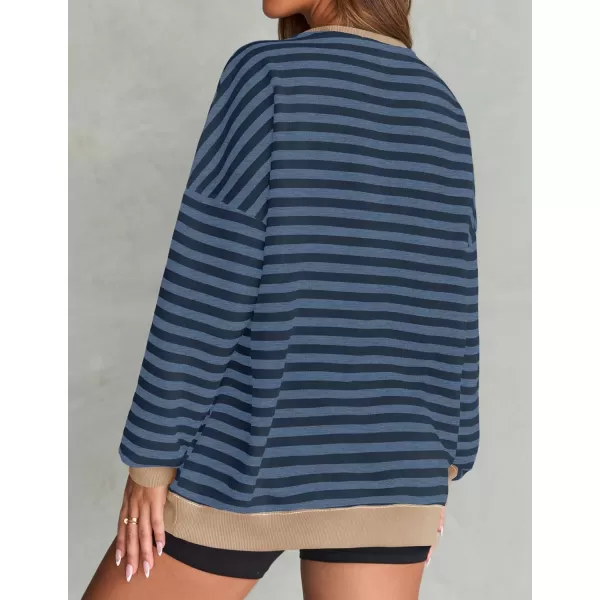 imageZESICA Womens Striped Oversized Sweatshirt Long Sleeve Crew Neck Pullover Tops Loose Casual Shirt 2024 Trendy ClothesDark Blue