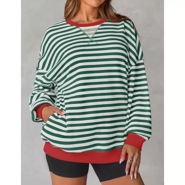 imageZESICA Womens Striped Oversized Sweatshirt Long Sleeve Crew Neck Pullover Tops Loose Casual Shirt 2024 Trendy ClothesGreen