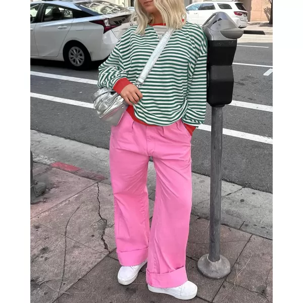imageZESICA Womens Striped Oversized Sweatshirt Long Sleeve Crew Neck Pullover Tops Loose Casual Shirt 2024 Trendy ClothesGreen