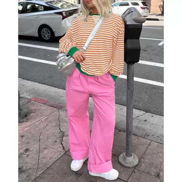 imageZESICA Womens Striped Oversized Sweatshirt Long Sleeve Crew Neck Pullover Tops Loose Casual Shirt 2024 Trendy ClothesOrange