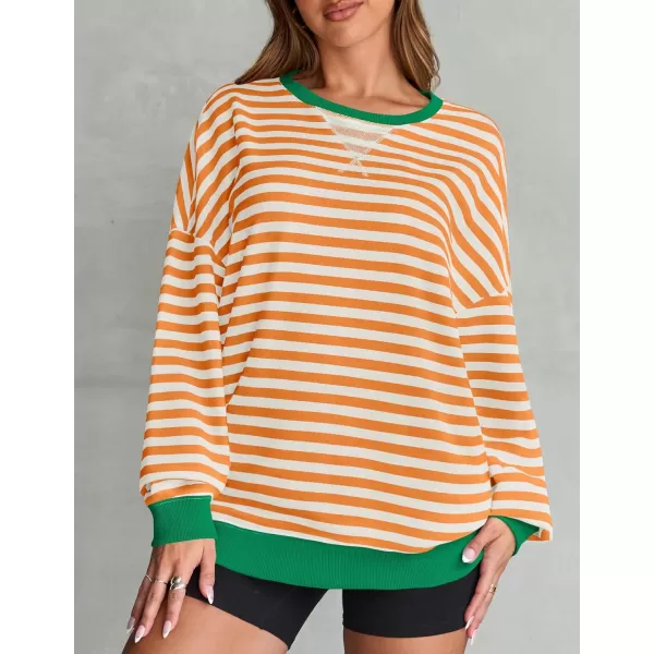 imageZESICA Womens Striped Oversized Sweatshirt Long Sleeve Crew Neck Pullover Tops Loose Casual Shirt 2024 Trendy ClothesOrange