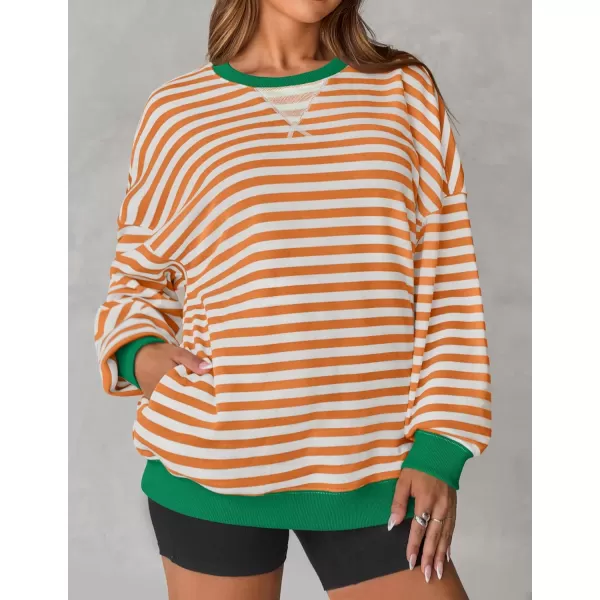 imageZESICA Womens Striped Oversized Sweatshirt Long Sleeve Crew Neck Pullover Tops Loose Casual Shirt 2024 Trendy ClothesOrange