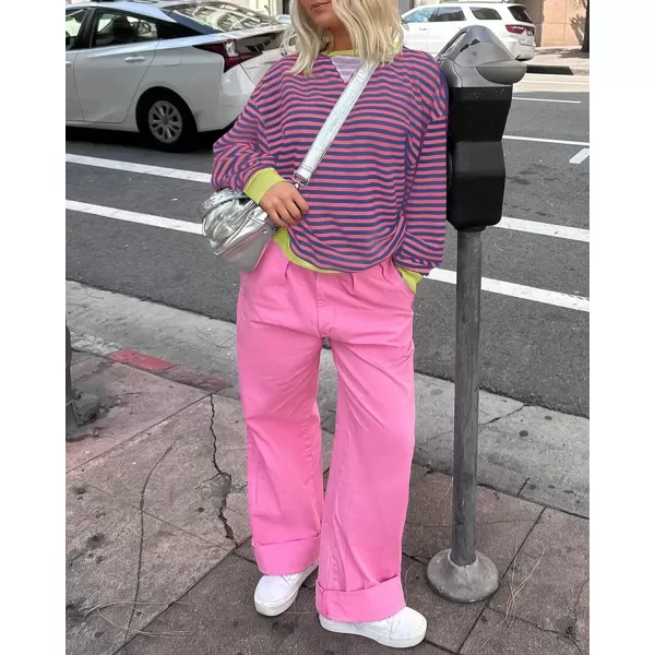 imageZESICA Womens Striped Oversized Sweatshirt Long Sleeve Crew Neck Pullover Tops Loose Casual Shirt 2024 Trendy ClothesRose