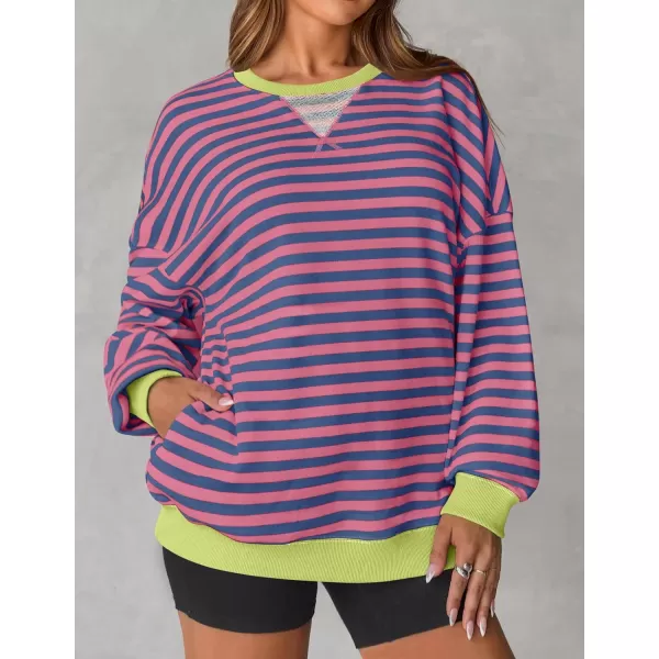 imageZESICA Womens Striped Oversized Sweatshirt Long Sleeve Crew Neck Pullover Tops Loose Casual Shirt 2024 Trendy ClothesRose